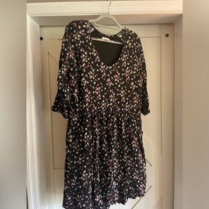 Garnet Hill Black Floral Multicolor Dot 3/4 Sleeve Dress Pockets Viscose Sz 12